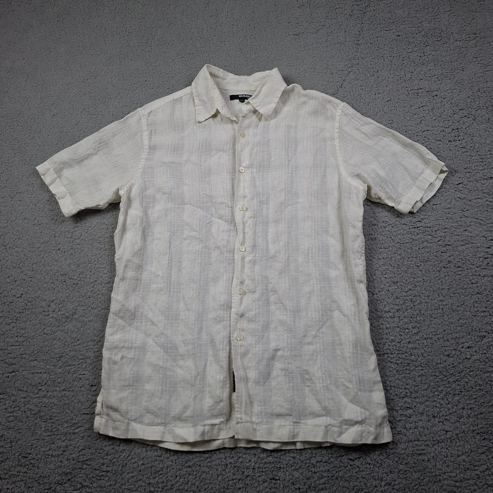 Murano Mens Medium Linen Cotton Short Sleeve Button Up Beach Cream Plaid Shirt
